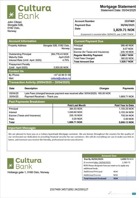 Download Norway Cultura Sparebank mortgage statement Word and PDF template Photoshop template